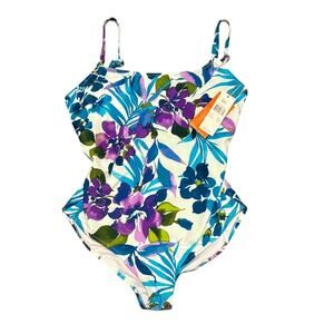 Leilani Floral One Piece Swim Bathingsuit Purple Blue Tropical Tank 14 NEW